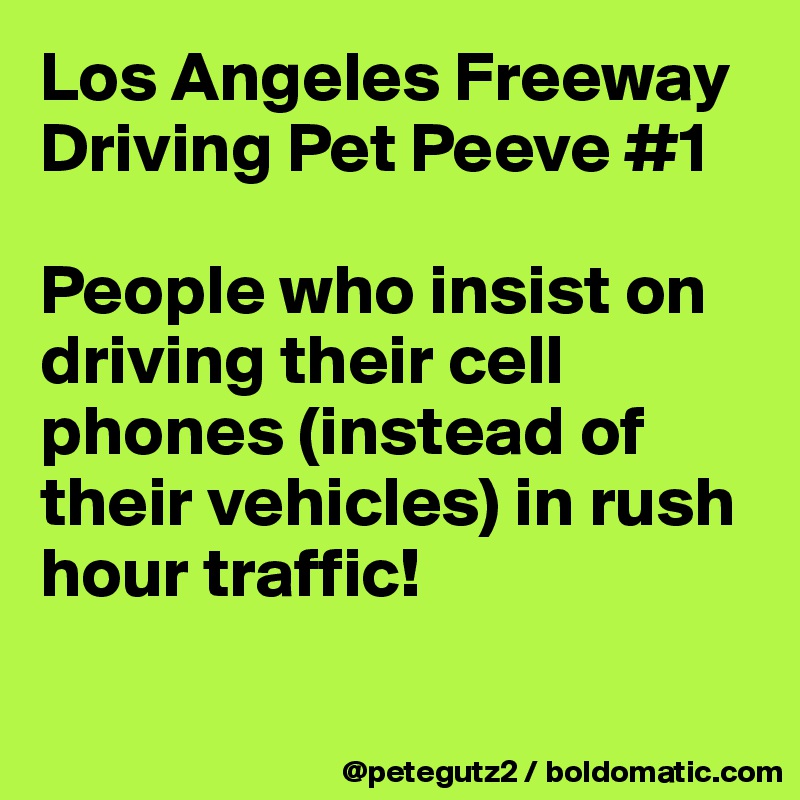 Los Angeles Freeway Driving Pet Peeve #1

People who insist on driving their cell phones (instead of their vehicles) in rush hour traffic!

