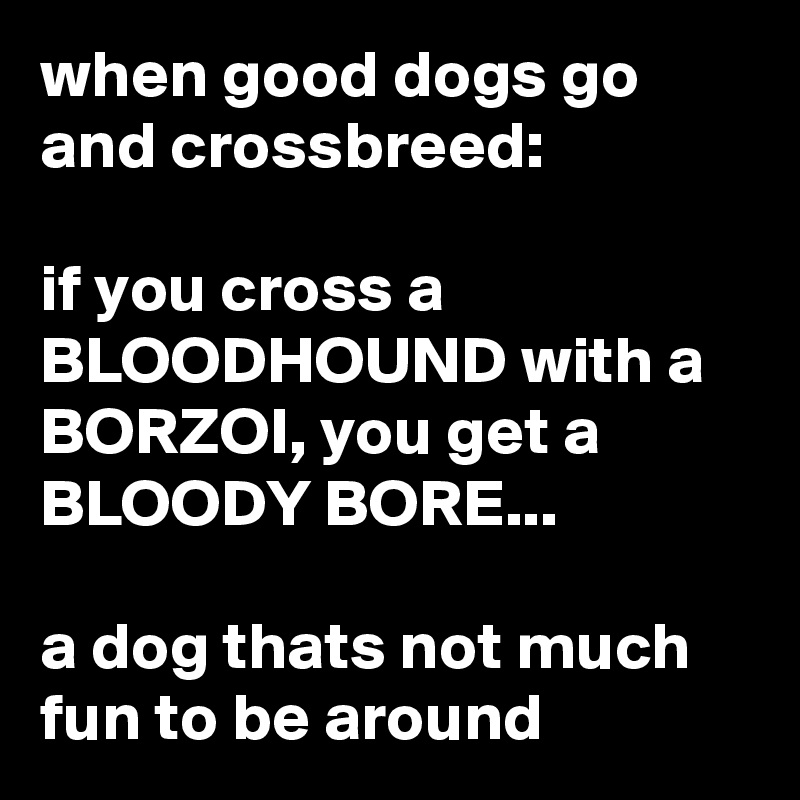 when good dogs go and crossbreed:

if you cross a BLOODHOUND with a BORZOI, you get a BLOODY BORE...

a dog thats not much fun to be around