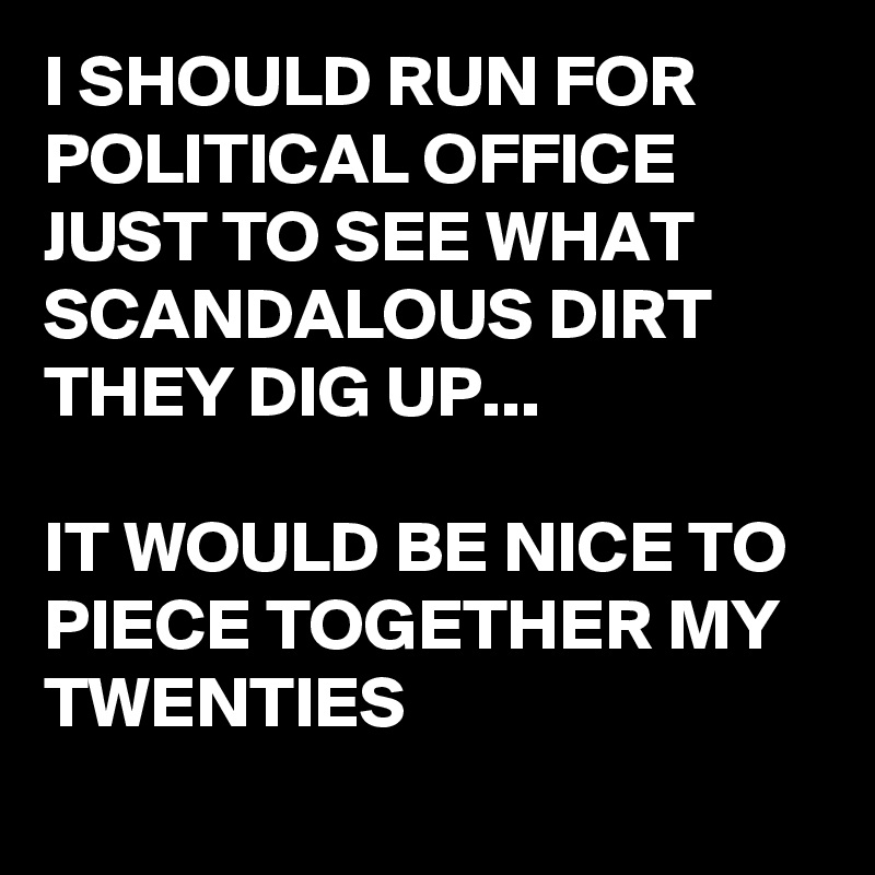 I SHOULD RUN FOR POLITICAL OFFICE JUST TO SEE WHAT SCANDALOUS DIRT THEY DIG UP...

IT WOULD BE NICE TO PIECE TOGETHER MY TWENTIES 
