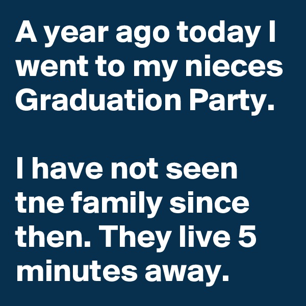 A year ago today I went to my nieces Graduation Party.

I have not seen tne family since then. They live 5 minutes away.