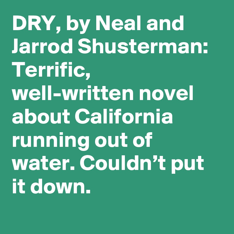 DRY, by Neal and Jarrod Shusterman: Terrific, well-written novel about California running out of water. Couldn’t put it down.