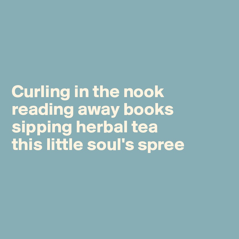 



Curling in the nook
reading away books
sipping herbal tea
this little soul's spree



