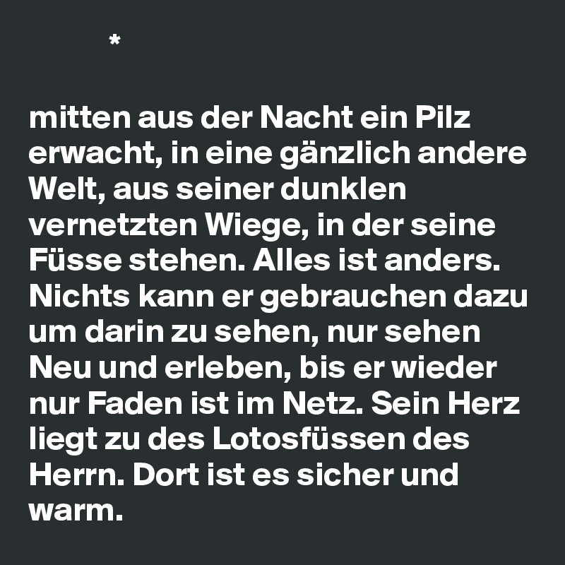             *

mitten aus der Nacht ein Pilz erwacht, in eine gänzlich andere Welt, aus seiner dunklen vernetzten Wiege, in der seine Füsse stehen. Alles ist anders. Nichts kann er gebrauchen dazu um darin zu sehen, nur sehen Neu und erleben, bis er wieder nur Faden ist im Netz. Sein Herz liegt zu des Lotosfüssen des Herrn. Dort ist es sicher und warm. 