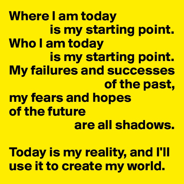 Where I am today
               is my starting point.
Who I am today
               is my starting point.
My failures and successes 
                                   of the past,
my fears and hopes
of the future
                        are all shadows.

Today is my reality, and I'll use it to create my world.