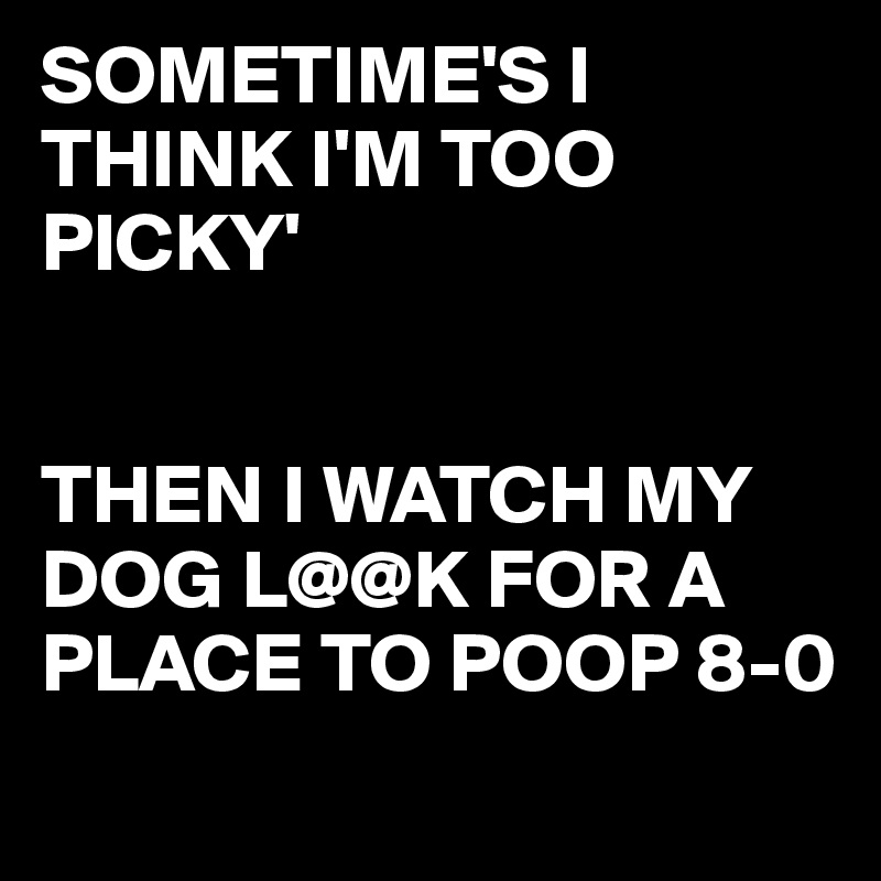 SOMETIME'S I THINK I'M TOO PICKY'


THEN I WATCH MY DOG L@@K FOR A PLACE TO POOP 8-0
