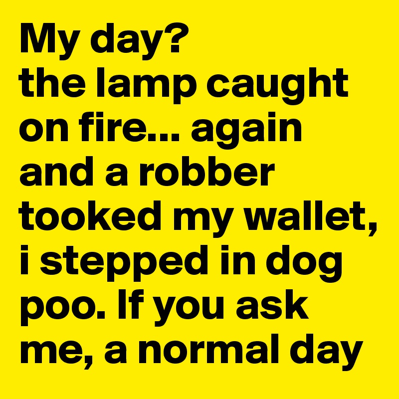 My day? 
the lamp caught on fire... again
and a robber tooked my wallet, i stepped in dog poo. If you ask me, a normal day