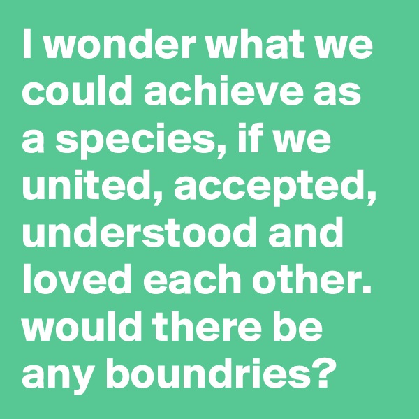 I wonder what we could achieve as a species, if we united, accepted, understood and loved each other. would there be any boundries? 