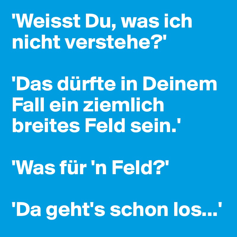 'Weisst Du, was ich nicht verstehe?'

'Das dürfte in Deinem Fall ein ziemlich breites Feld sein.'

'Was für 'n Feld?'

'Da geht's schon los...'