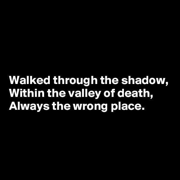




Walked through the shadow,
Within the valley of death,
Always the wrong place.



