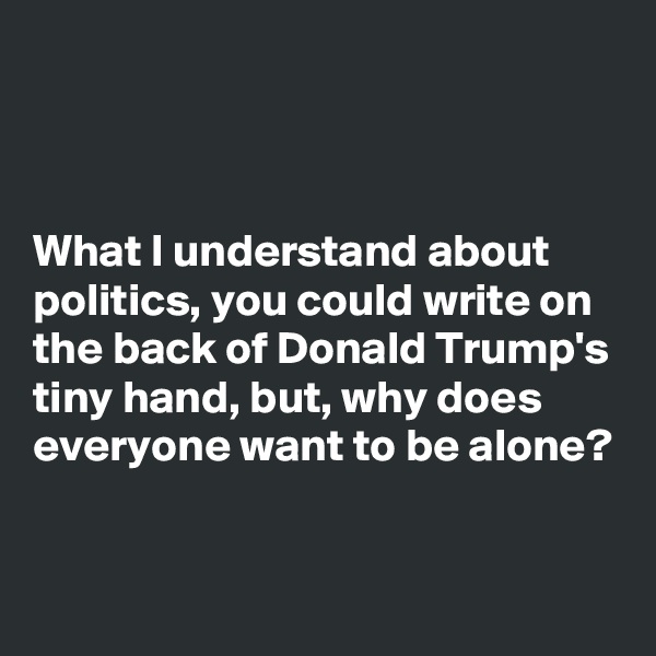 



What I understand about politics, you could write on the back of Donald Trump's tiny hand, but, why does everyone want to be alone? 


