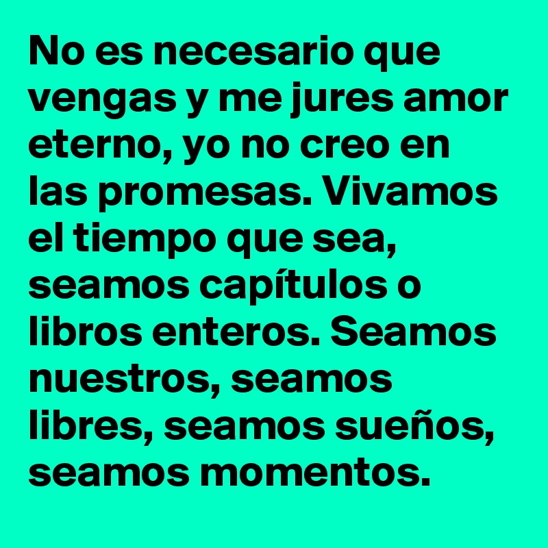 No es necesario que vengas y me jures amor eterno, yo no creo en las promesas. Vivamos el tiempo que sea, seamos capítulos o libros enteros. Seamos nuestros, seamos libres, seamos sueños, seamos momentos.