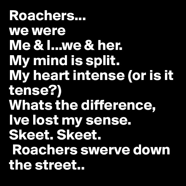 Roachers...
we were
Me & I...we & her.
My mind is split.
My heart intense (or is it tense?)
Whats the difference, Ive lost my sense.
Skeet. Skeet.
 Roachers swerve down the street..