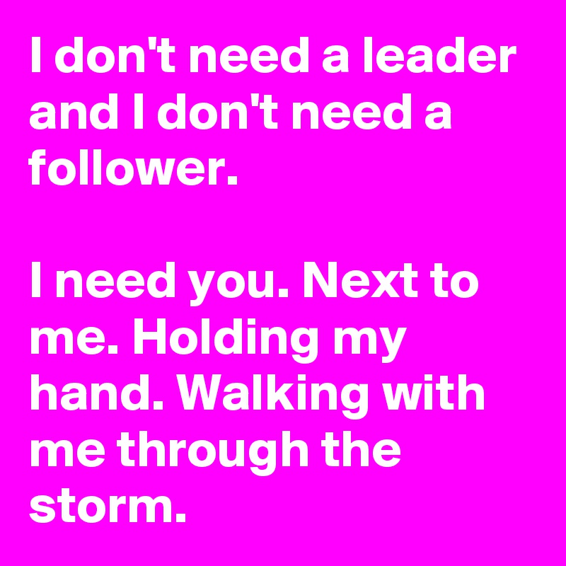 I don't need a leader and I don't need a follower.

I need you. Next to me. Holding my hand. Walking with me through the storm.