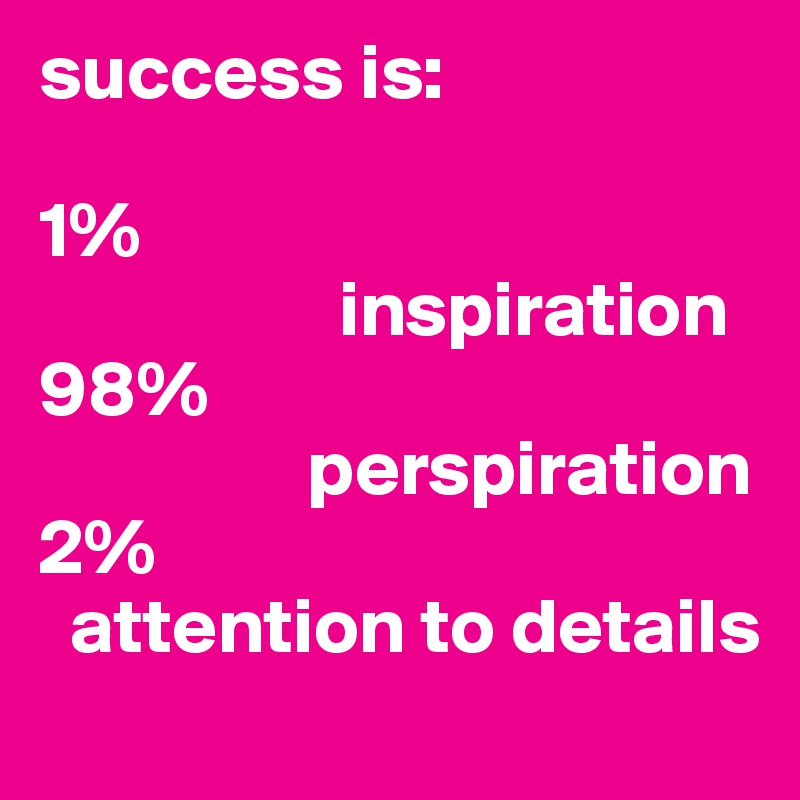 success is:

1%
                   inspiration
98%
                 perspiration
2%
  attention to details