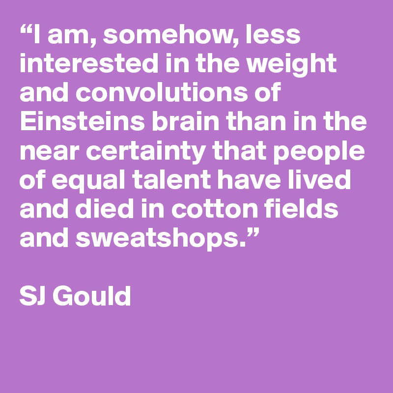 “I am, somehow, less interested in the weight and convolutions of Einsteins brain than in the near certainty that people of equal talent have lived and died in cotton fields and sweatshops.”

SJ Gould

