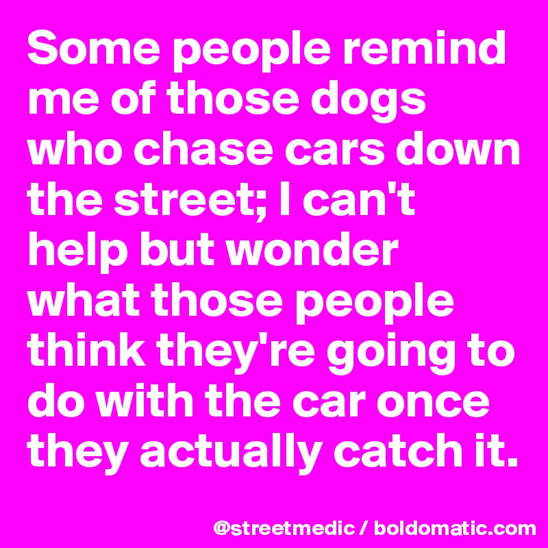 Some people remind me of those dogs who chase cars down the street; I can't help but wonder what those people think they're going to do with the car once they actually catch it.