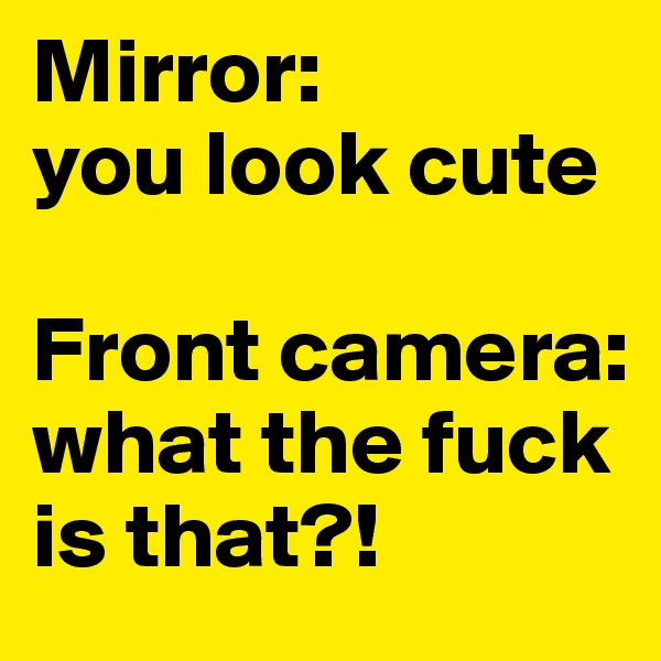 Mirror: 
you look cute

Front camera: what the fuck is that?!