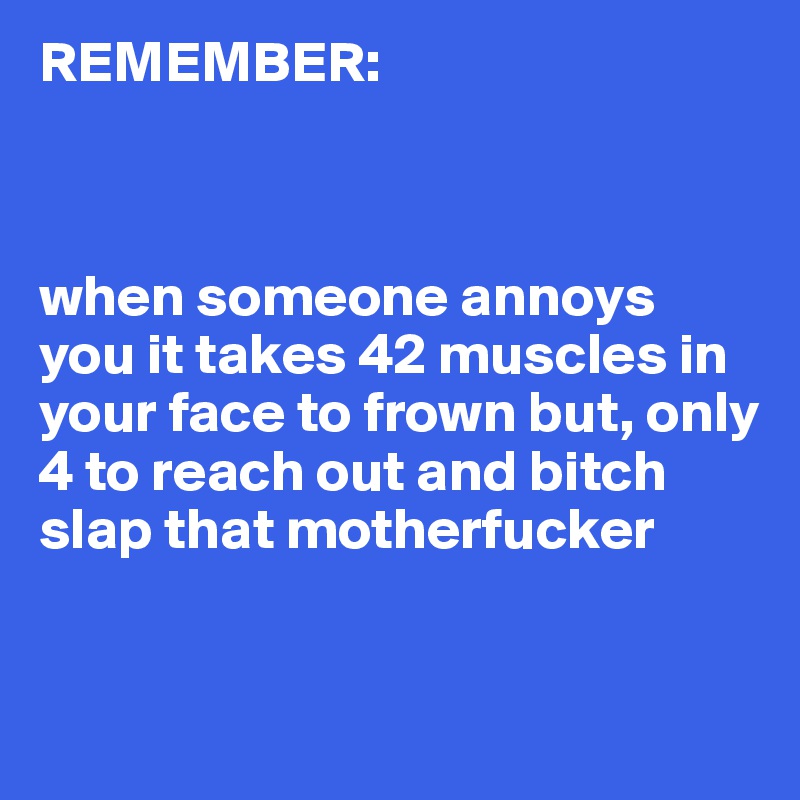 REMEMBER:



when someone annoys you it takes 42 muscles in your face to frown but, only 4 to reach out and bitch slap that motherfucker


