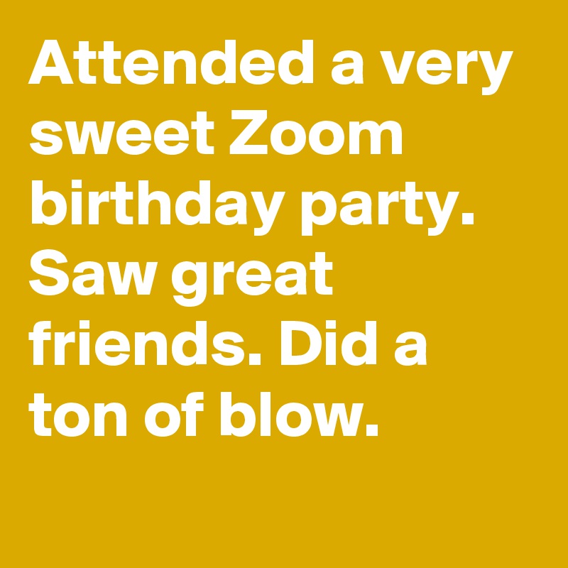 Attended a very sweet Zoom birthday party. Saw great friends. Did a ton of blow.