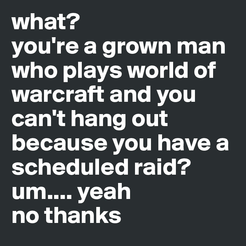 what? 
you're a grown man who plays world of warcraft and you can't hang out because you have a scheduled raid? um.... yeah
no thanks 