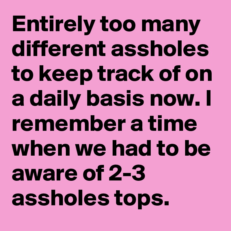 Entirely too many different assholes to keep track of on a daily basis now. I remember a time when we had to be aware of 2-3 assholes tops.