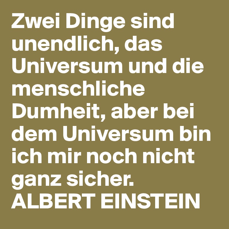 Zwei Dinge sind unendlich, das Universum und die menschliche Dumheit, aber bei dem Universum bin ich mir noch nicht ganz sicher. ALBERT EINSTEIN