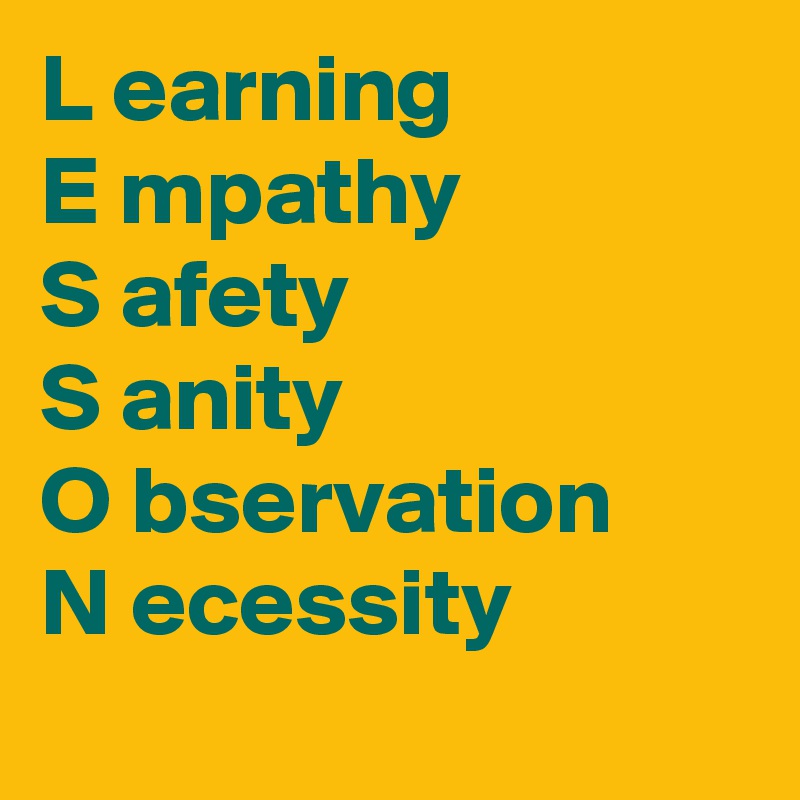 L earning
E mpathy
S afety
S anity
O bservation
N ecessity
