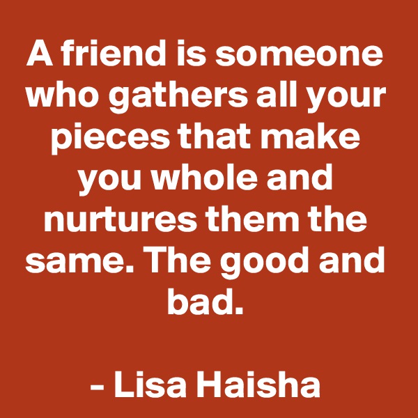 A friend is someone who gathers all your pieces that make you whole and nurtures them the same. The good and bad.

- Lisa Haisha