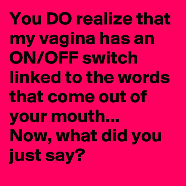You DO realize that my vagina has an ON/OFF switch linked to the words that come out of your mouth...
Now, what did you just say?