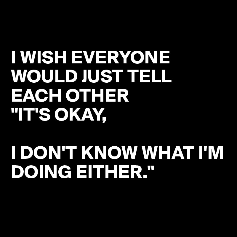 

I WISH EVERYONE WOULD JUST TELL EACH OTHER
"IT'S OKAY,

I DON'T KNOW WHAT I'M DOING EITHER."


