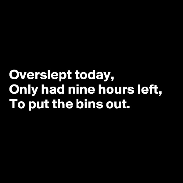 



Overslept today,
Only had nine hours left,
To put the bins out.



