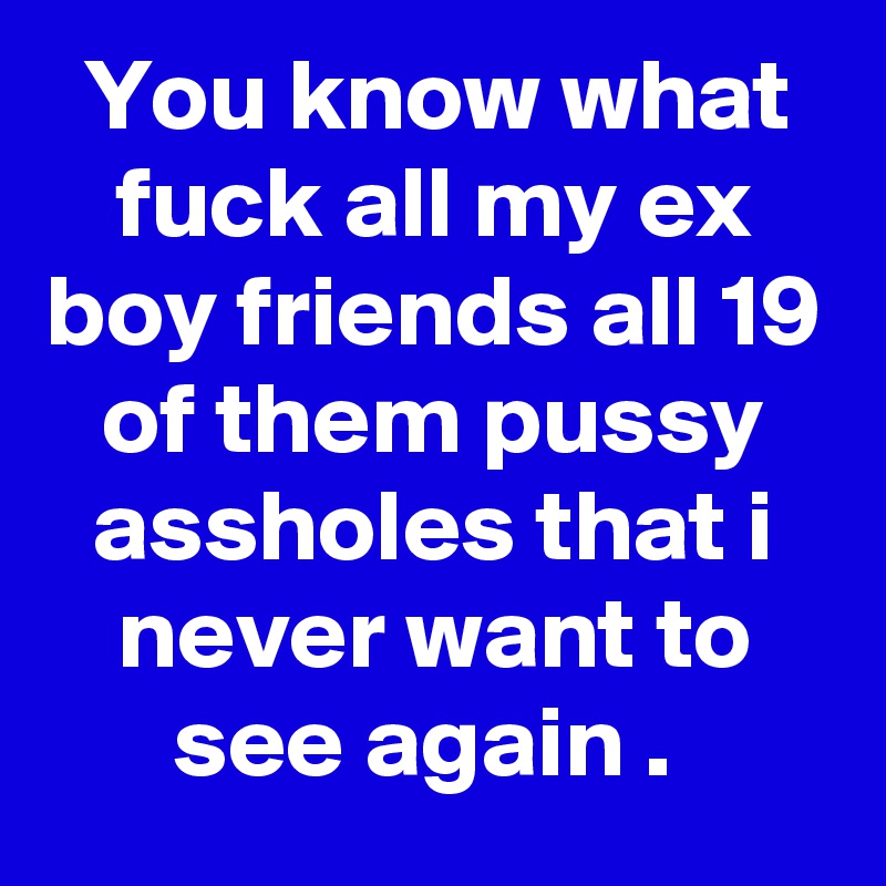 You know what fuck all my ex boy friends all 19 of them pussy assholes that i never want to see again . 