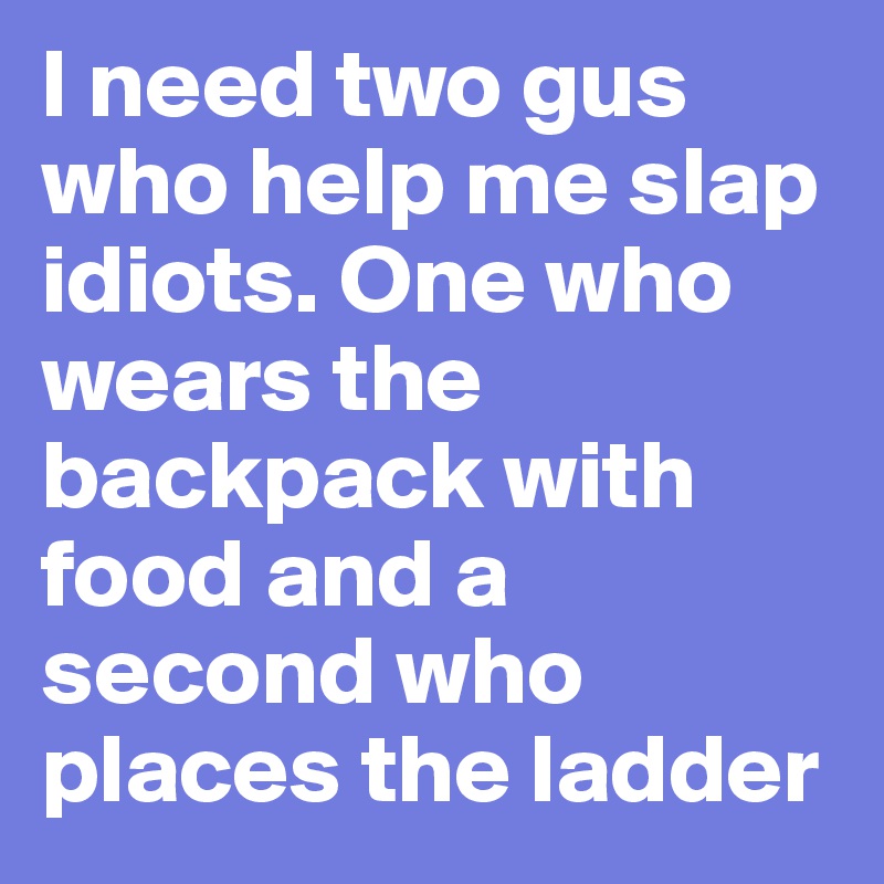 I need two gus who help me slap idiots. One who wears the backpack with food and a second who places the ladder