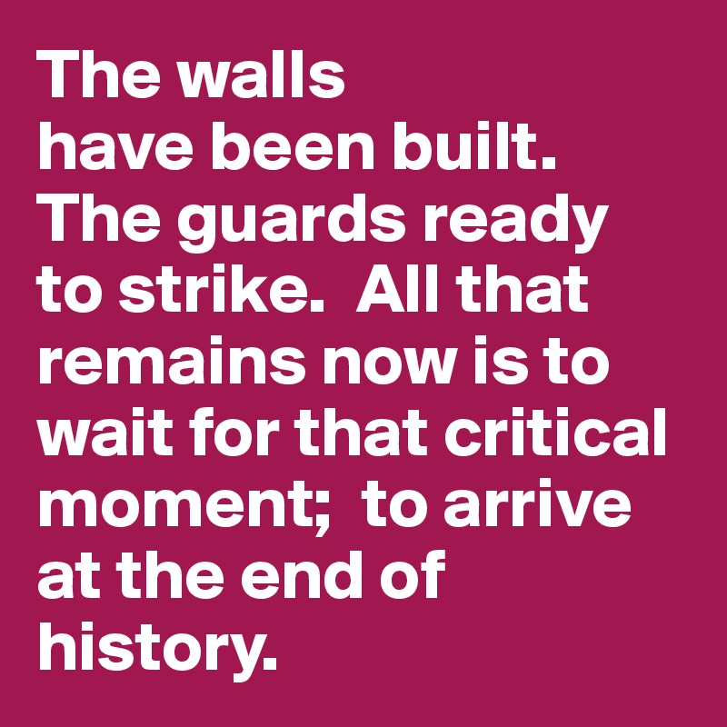 The walls 
have been built. The guards ready 
to strike.  All that remains now is to wait for that critical moment;  to arrive at the end of history.
