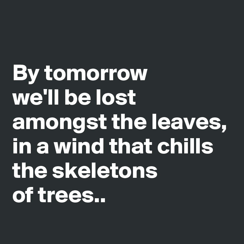 

By tomorrow 
we'll be lost amongst the leaves,
in a wind that chills
the skeletons
of trees..