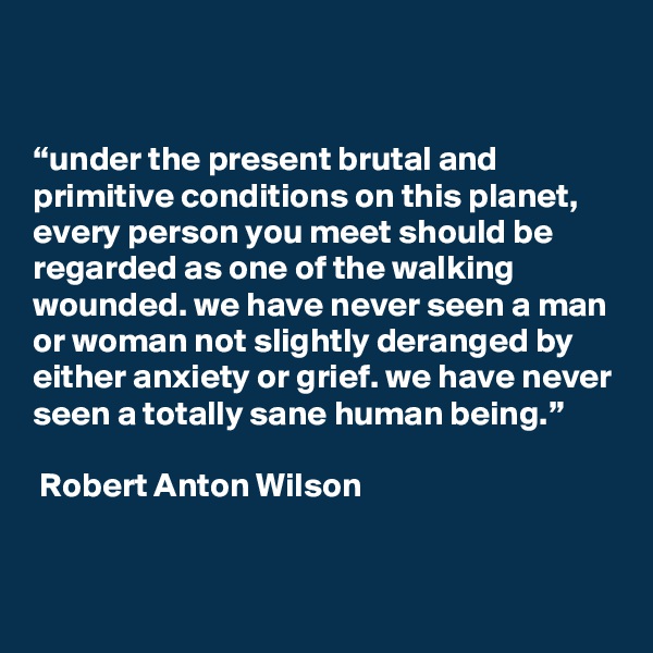 


“under the present brutal and primitive conditions on this planet, every person you meet should be regarded as one of the walking wounded. we have never seen a man or woman not slightly deranged by either anxiety or grief. we have never seen a totally sane human being.”

 Robert Anton Wilson 


