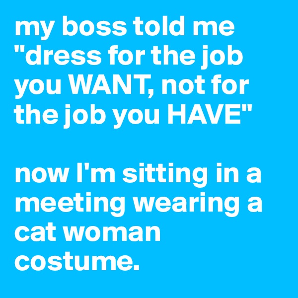 my boss told me "dress for the job you WANT, not for the job you HAVE"

now I'm sitting in a meeting wearing a cat woman costume. 