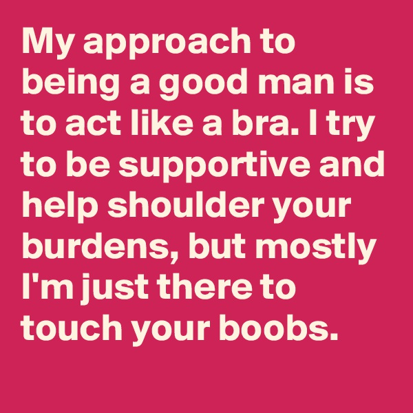 My approach to being a good man is to act like a bra. I try to be supportive and help shoulder your burdens, but mostly I'm just there to touch your boobs.