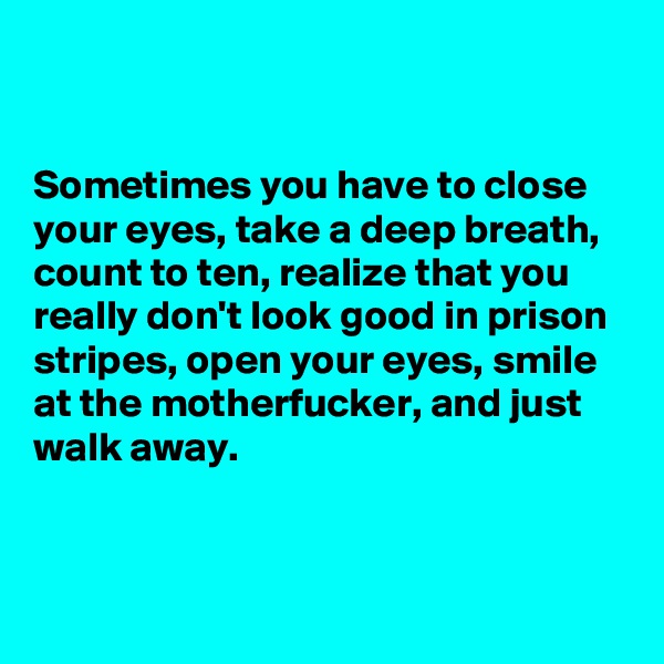 


Sometimes you have to close your eyes, take a deep breath, count to ten, realize that you really don't look good in prison stripes, open your eyes, smile at the motherfucker, and just walk away.


