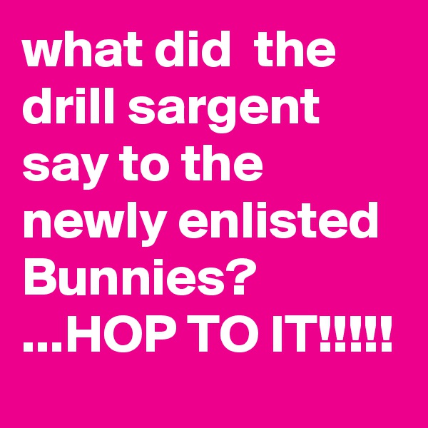 what did  the drill sargent say to the newly enlisted Bunnies? ...HOP TO IT!!!!!
