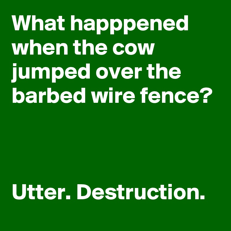 What happpened when the cow jumped over the barbed wire fence?



Utter. Destruction.