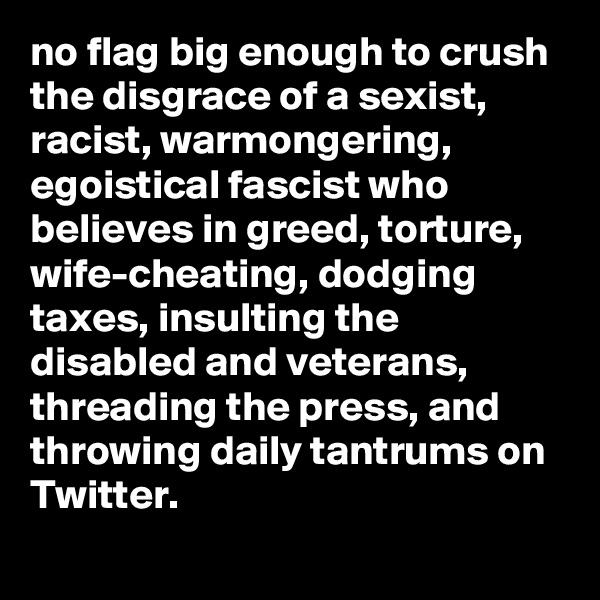 no flag big enough to crush the disgrace of a sexist, racist, warmongering, egoistical fascist who believes in greed, torture, wife-cheating, dodging taxes, insulting the disabled and veterans, threading the press, and throwing daily tantrums on Twitter.