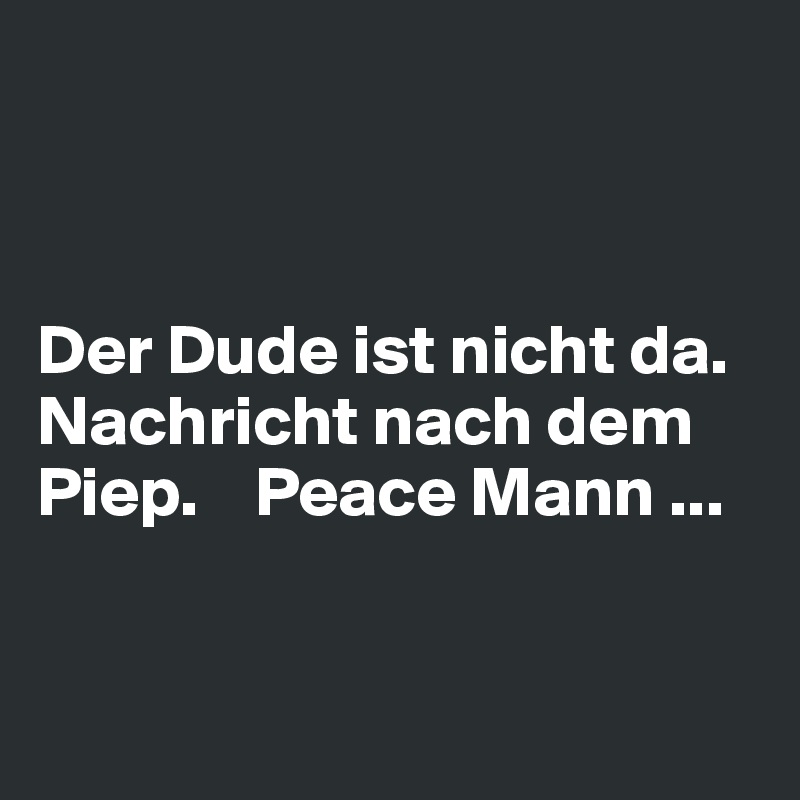  



Der Dude ist nicht da. Nachricht nach dem Piep.    Peace Mann ...


