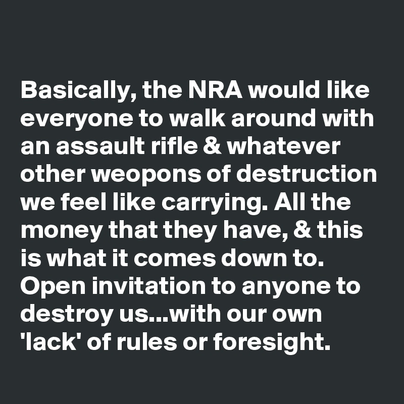 

Basically, the NRA would like everyone to walk around with an assault rifle & whatever other weopons of destruction we feel like carrying. All the money that they have, & this is what it comes down to. Open invitation to anyone to destroy us...with our own 'lack' of rules or foresight.