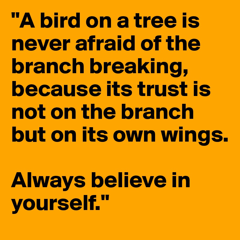 "A bird on a tree is never afraid of the branch breaking, because its trust is not on the branch but on its own wings.

Always believe in yourself."