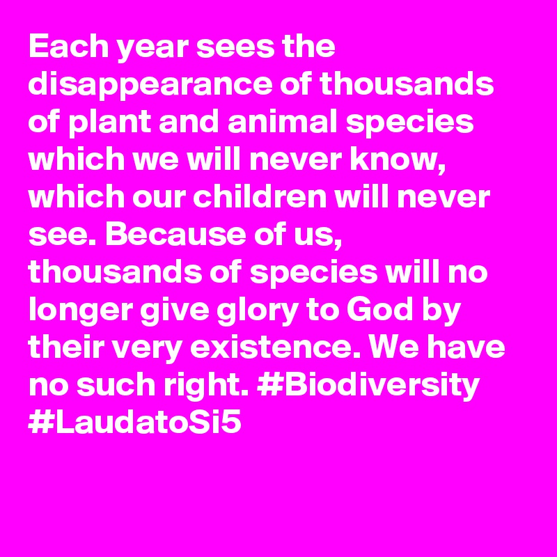 Each year sees the disappearance of thousands of plant and animal species which we will never know, which our children will never see. Because of us, thousands of species will no longer give glory to God by their very existence. We have no such right. #Biodiversity #LaudatoSi5
