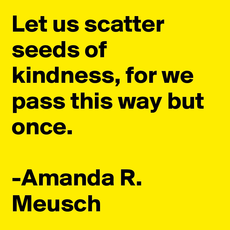Let us scatter seeds of kindness, for we pass this way but once.
      
-Amanda R. Meusch