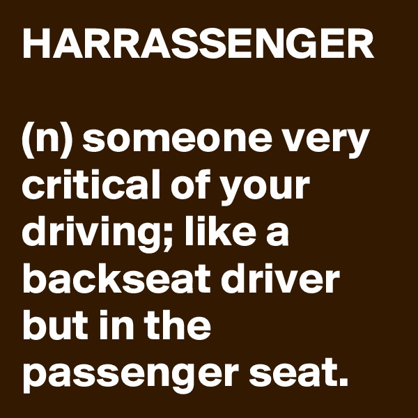 HARRASSENGER

(n) someone very critical of your driving; like a backseat driver but in the passenger seat.
