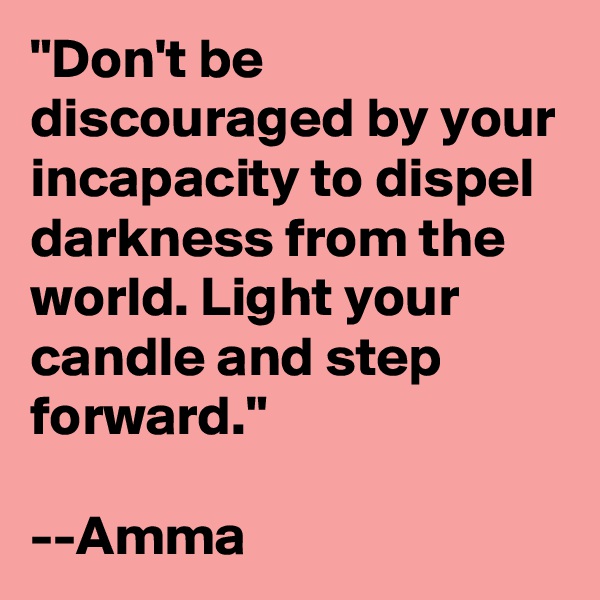 "Don't be discouraged by your incapacity to dispel darkness from the world. Light your candle and step forward."

--Amma