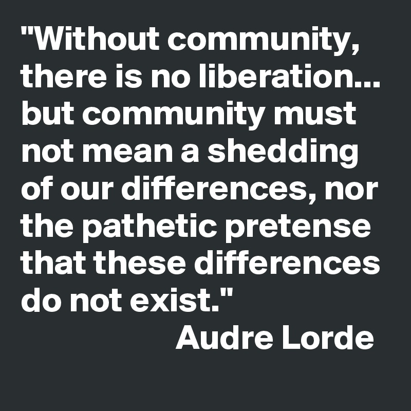 "Without community, there is no liberation... but community must not mean a shedding of our differences, nor the pathetic pretense that these differences do not exist." 
                      Audre Lorde